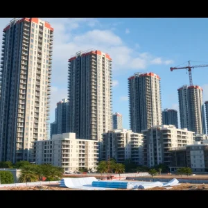 High-rise buildings and construction site in urban landscape