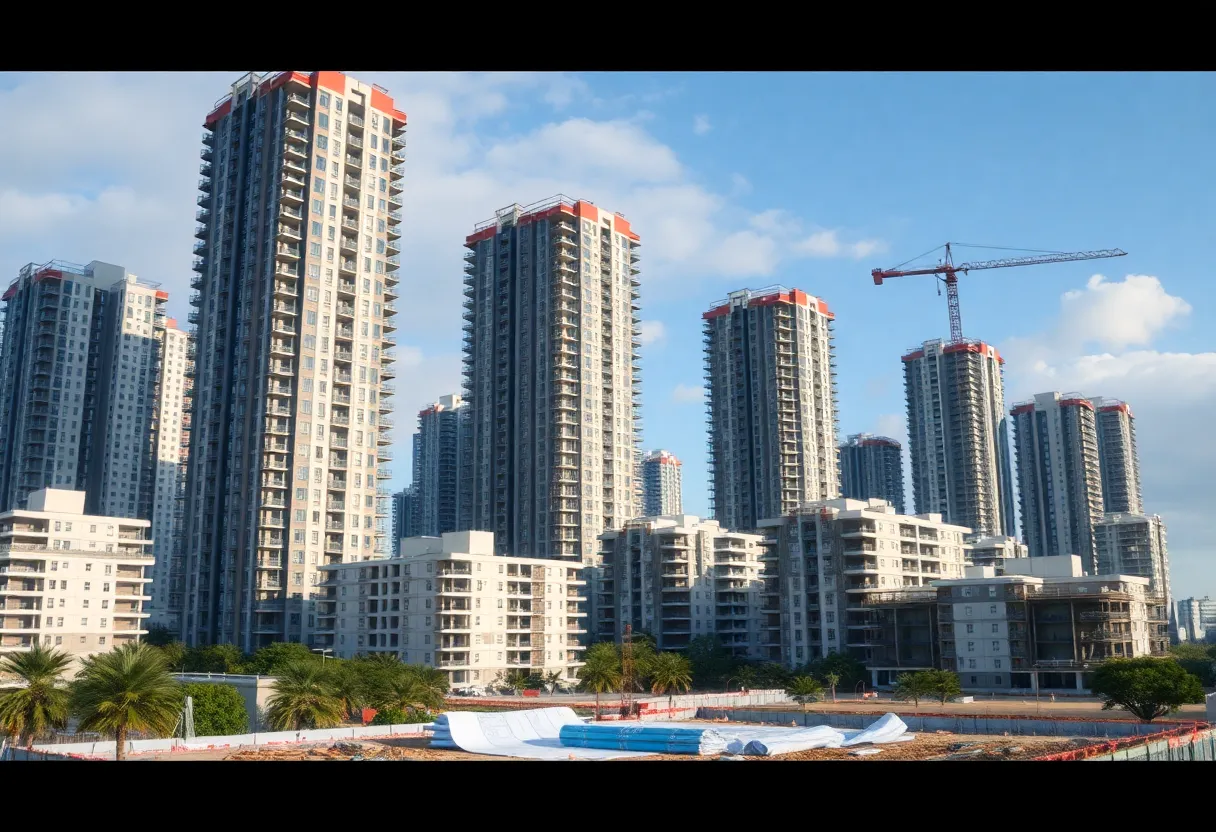 High-rise buildings and construction site in urban landscape