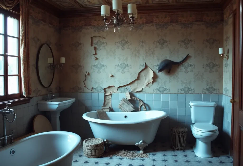 Dismantled bathroom wall in a vintage celebrity home.