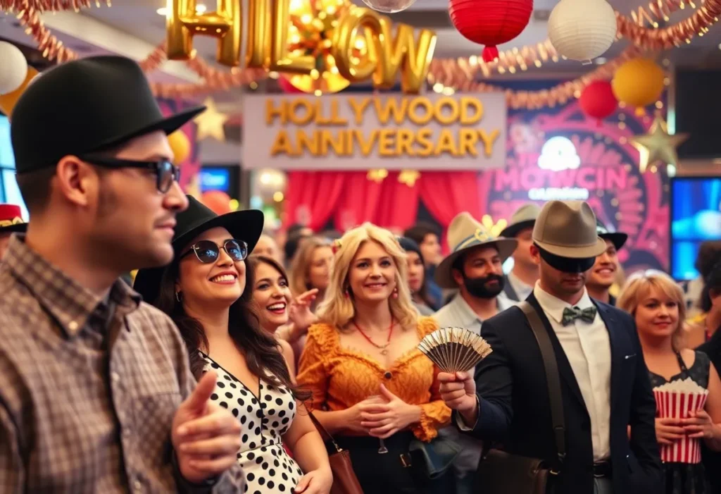 A colorful gathering celebrating the Beverly Hills 90210 anniversary with fans and decorations.