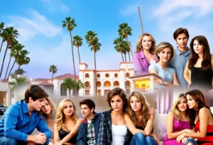 Collage of scenes from Beverly Hills 90210 showcasing 90s teen drama