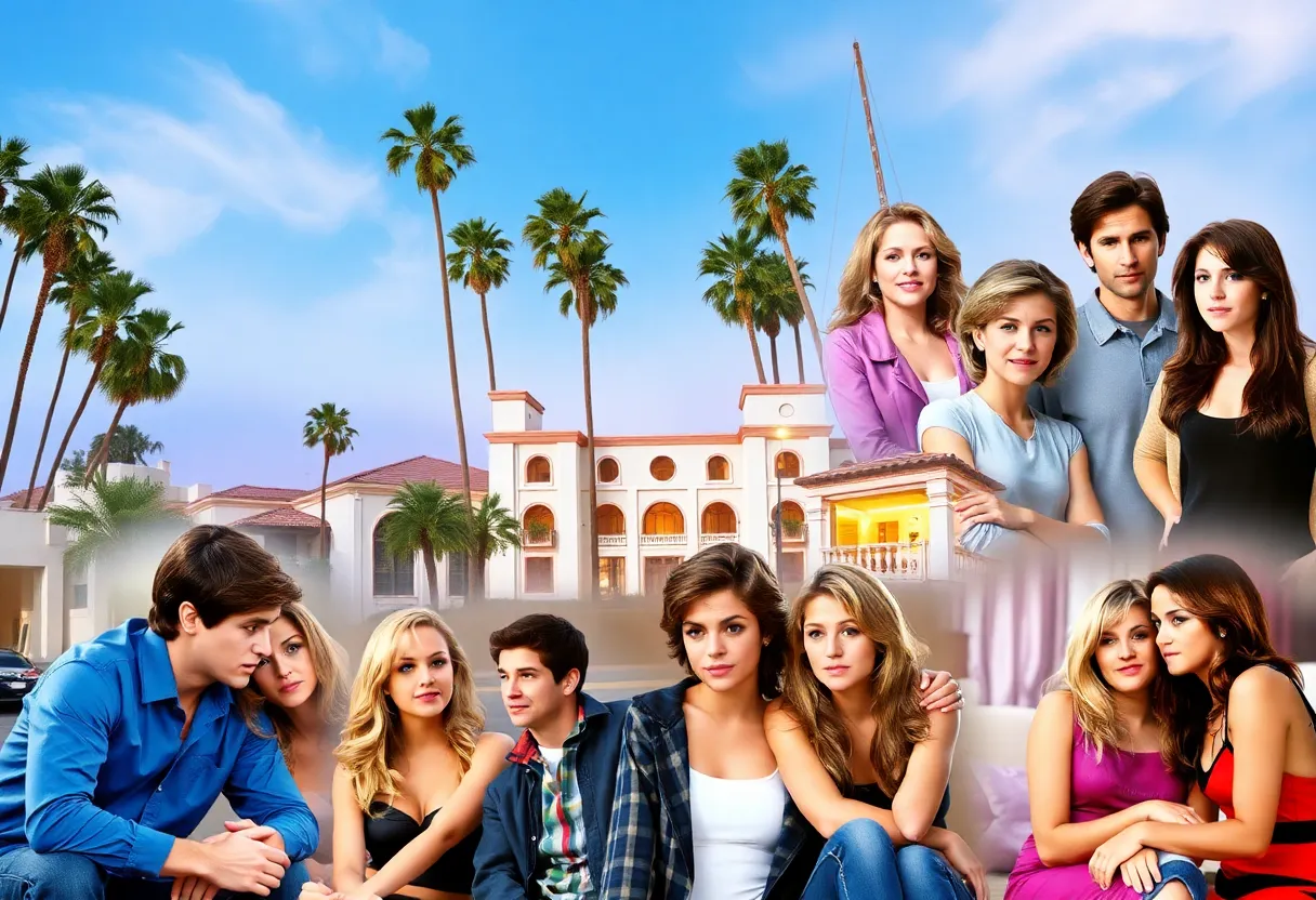 Collage of scenes from Beverly Hills 90210 showcasing 90s teen drama