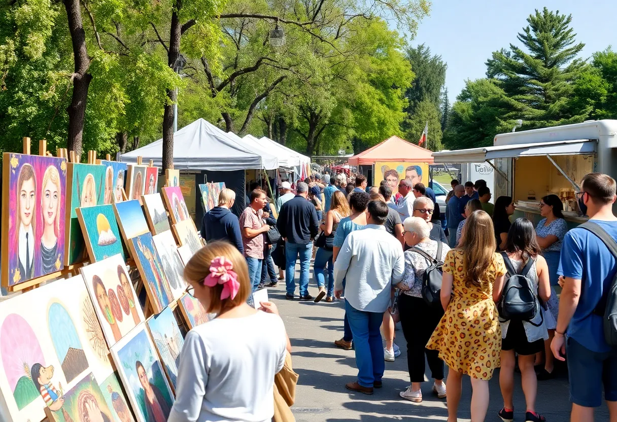 Visitors enjoying the Beverly Hills Art Show with artists showcasing their work in a sunny park.