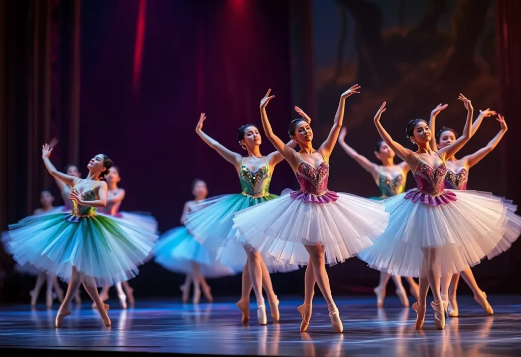 Dancers performing in a ballet inspired by precious stones.