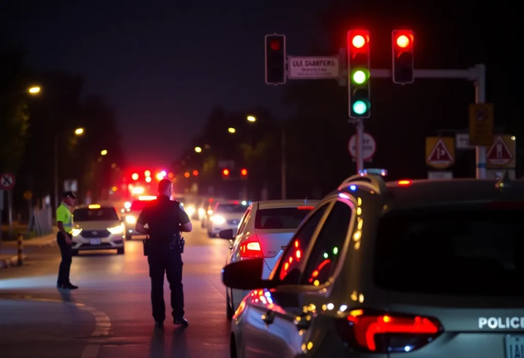 Police conducting a DUI checkpoint in Beverly Hills at night.