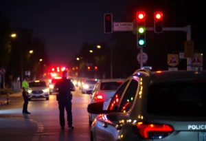 Police conducting a DUI checkpoint in Beverly Hills at night.