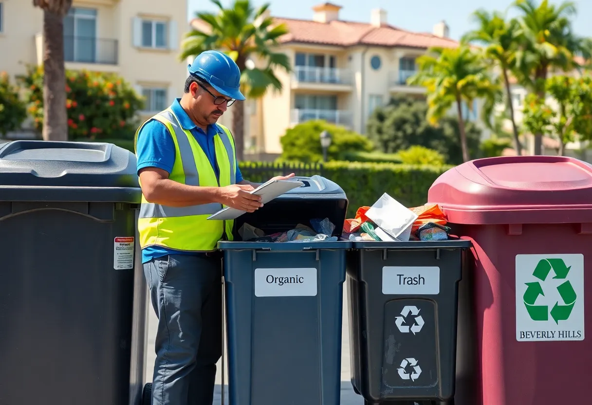 City worker inspecting waste bins for organic waste separation in Beverly Hills