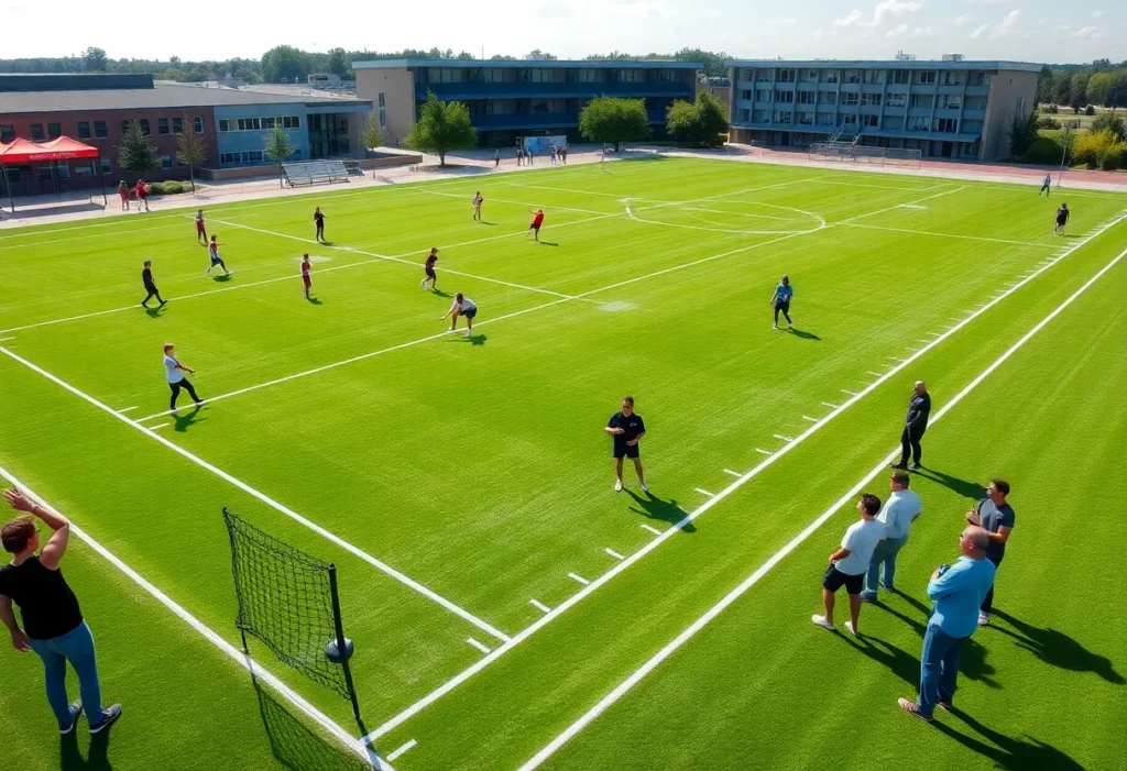 New athletic field at Beverly Vista Middle School with students and community members