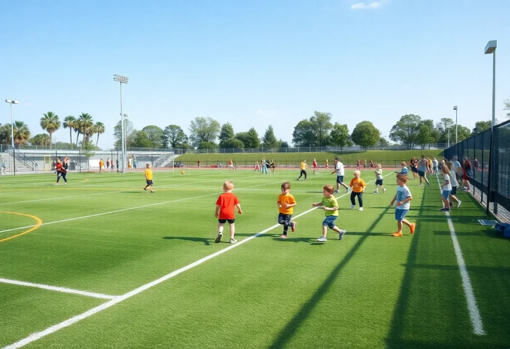 New athletic field at Beverly Vista Middle School with students playing