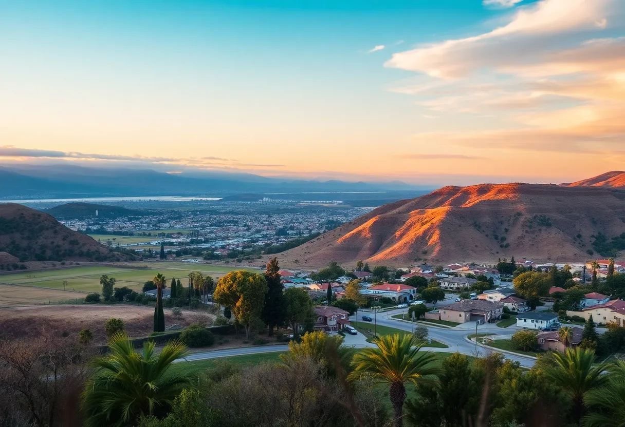 A scenic view of California highlighting the interplay between urban development and nature amid climate change.