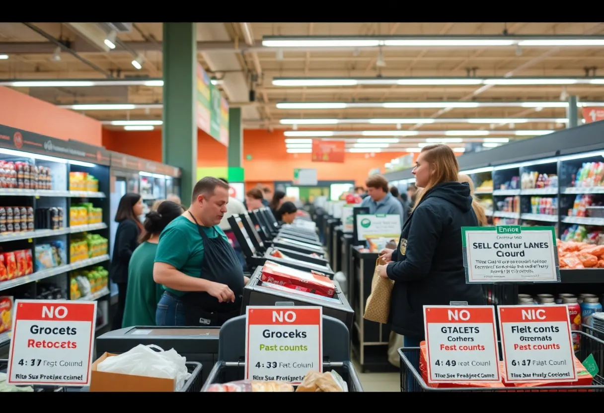 Employees monitoring self-checkout stations in a grocery store