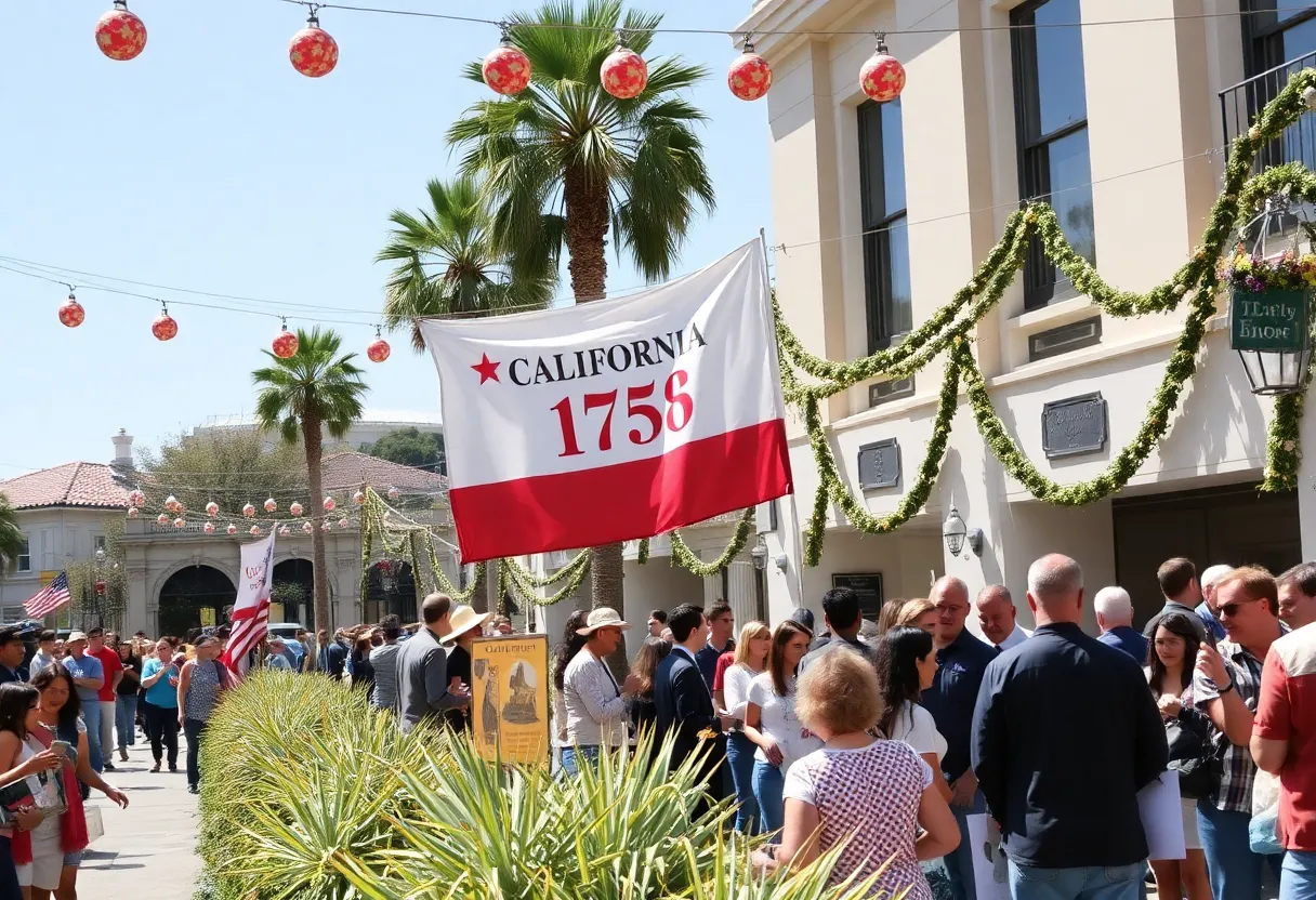 Celebration of California's 175th statehood with diverse community members and decorations