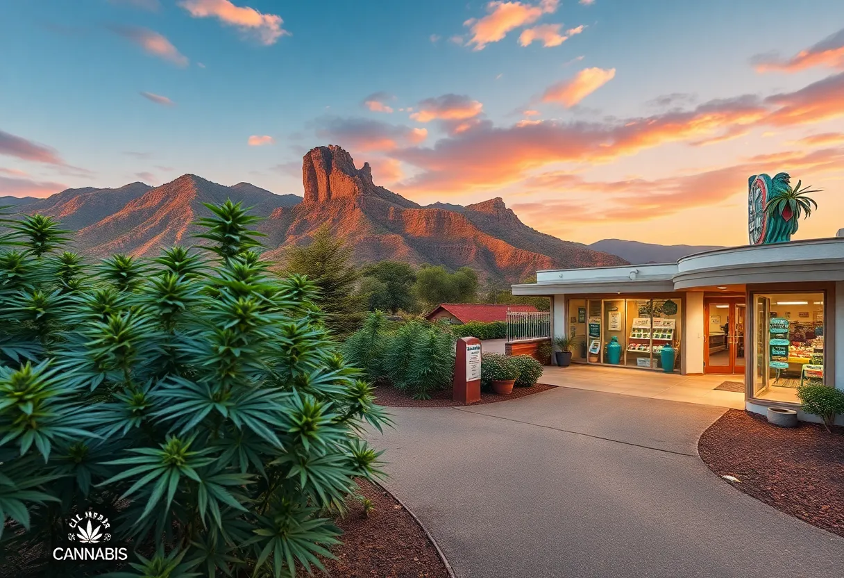 Artistic view of cannabis plants and dispensaries in California
