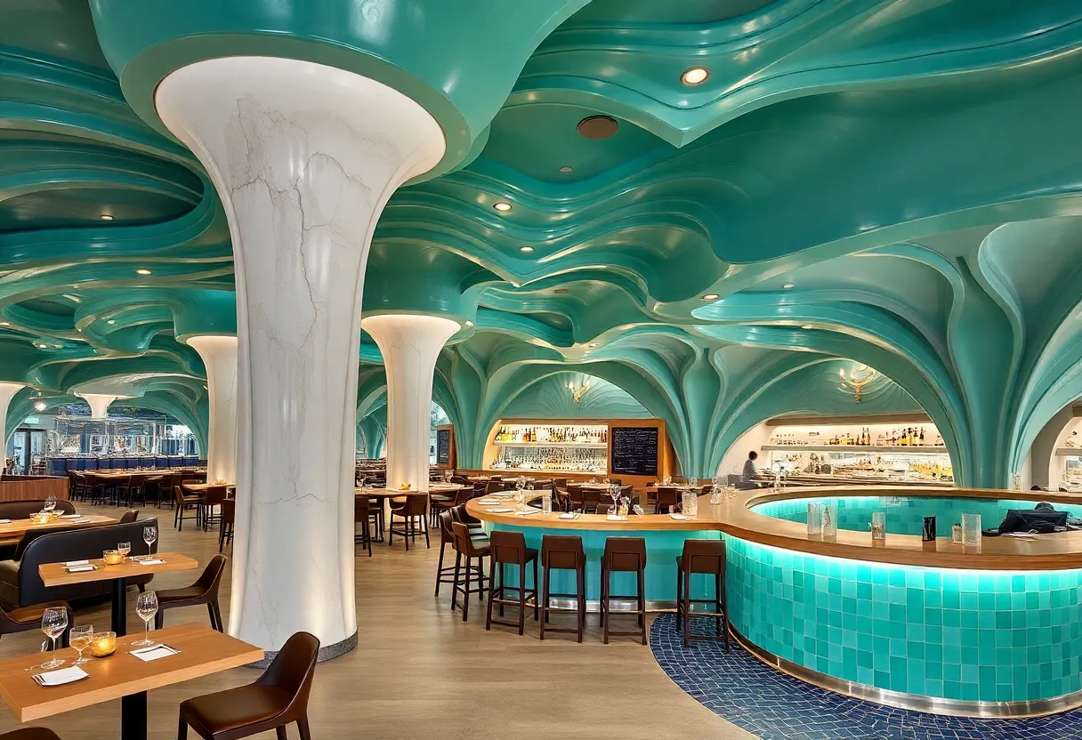 Interior view of Cento Raw Bar showcasing its unique design and seating.
