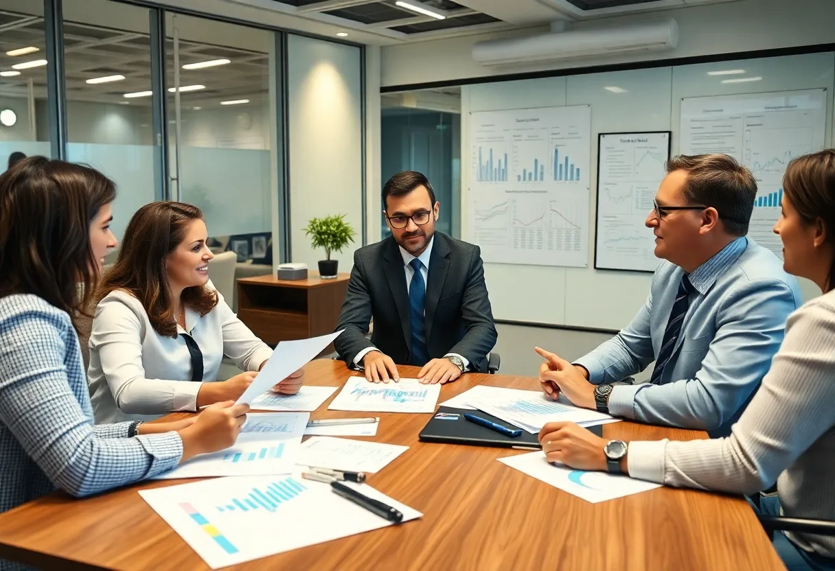 Financial advisors at ClearPath CFO Advisory office working on financial strategies with business clients.