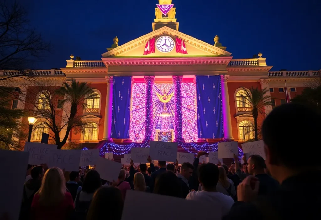Community members celebrating the return of hostages with illuminated city hall in the background.