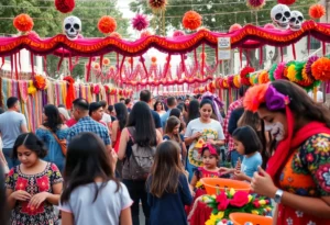 Families celebrating Día de los Muertos at Wallis Annenberg Center.