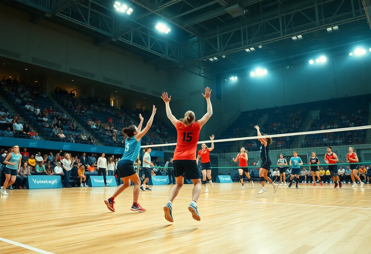 Gophers volleyball players competing against UCLA