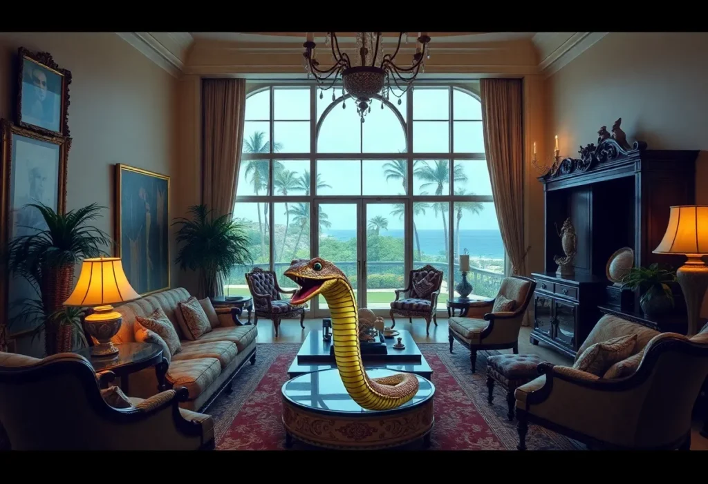 Comedic scene of a vintage mansion with a snake causing mischief.