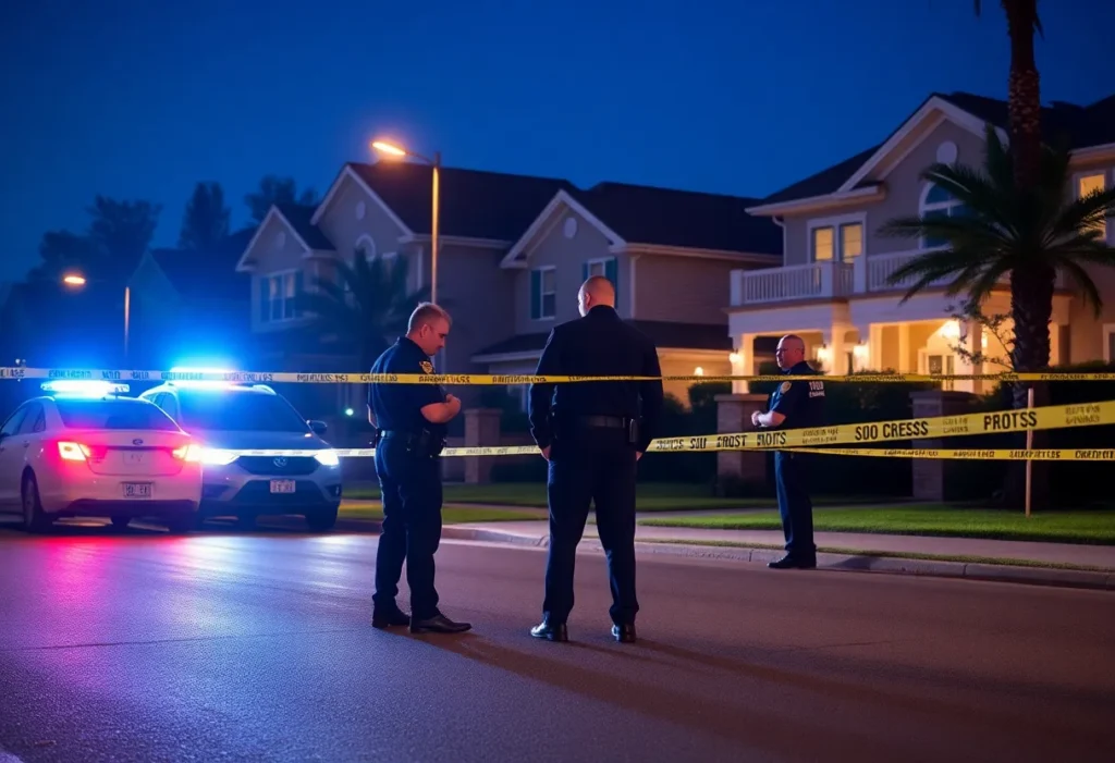 Police officers conducting an investigation in a luxury neighborhood following a burglary.