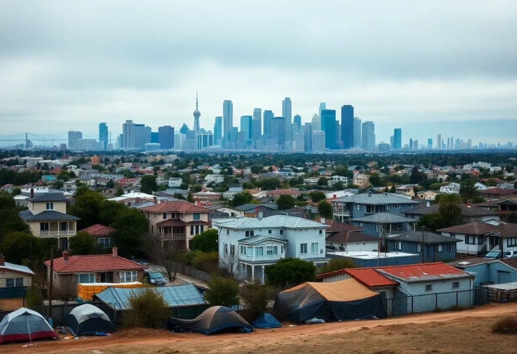 Skyline of Los Angeles showing luxury and homelessness