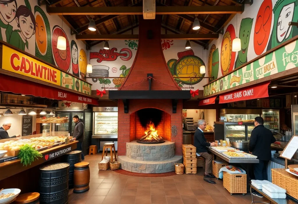 Interior view of Maydan Market with diverse food vendors and colorful decor