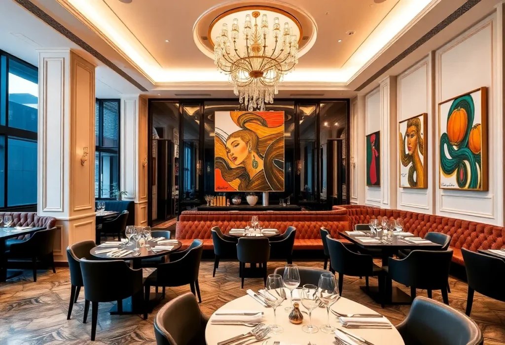 Interior of Monsieur Dior restaurant showcasing elegant decor and art