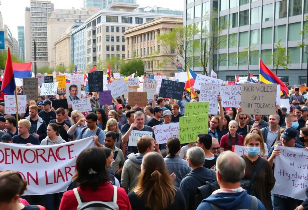 Crowd at the No Kings Day protest with banners in Los Angeles