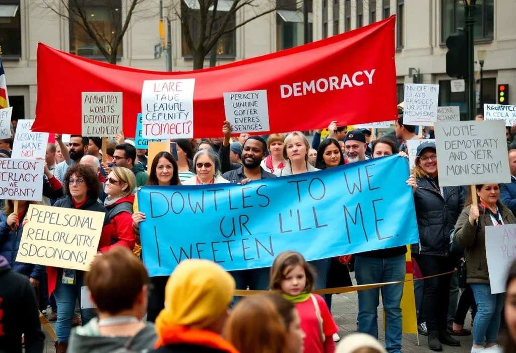 Peaceful protesters at No Kings Day rally holding signs
