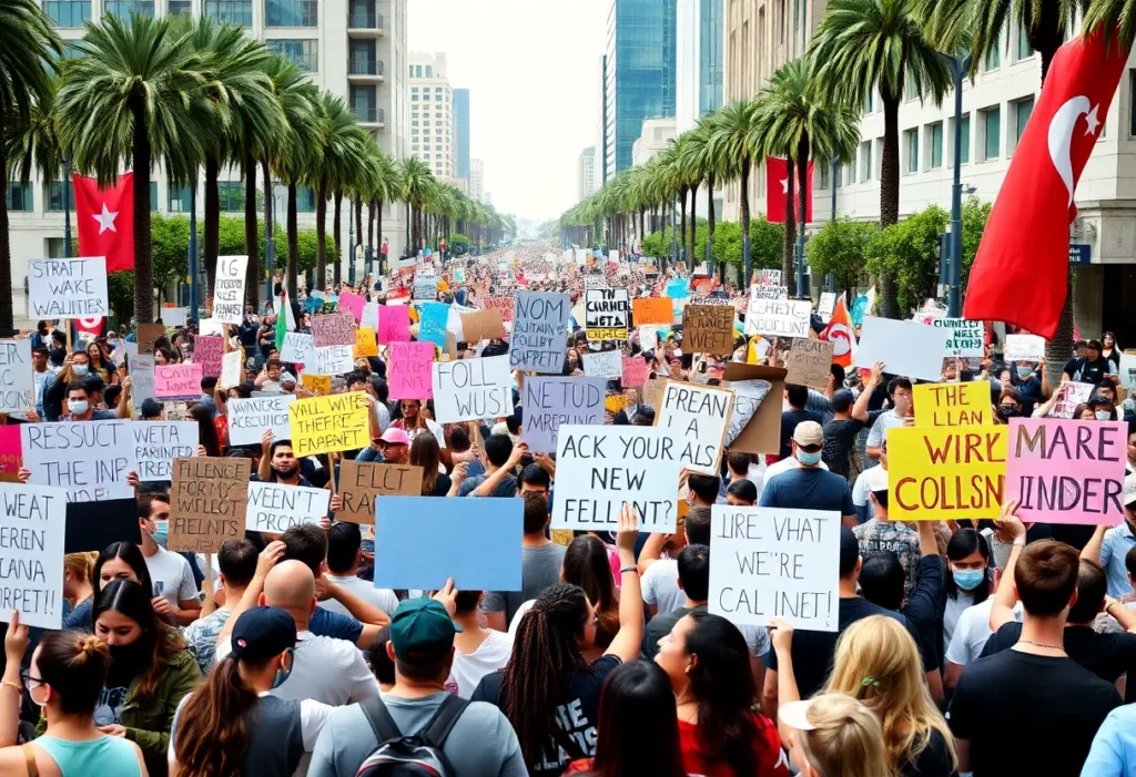 Participants of the No Kings protest holding signs in Los Angeles