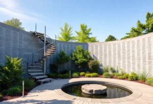 Memorial garden featuring a spiral staircase sculpture and name wall