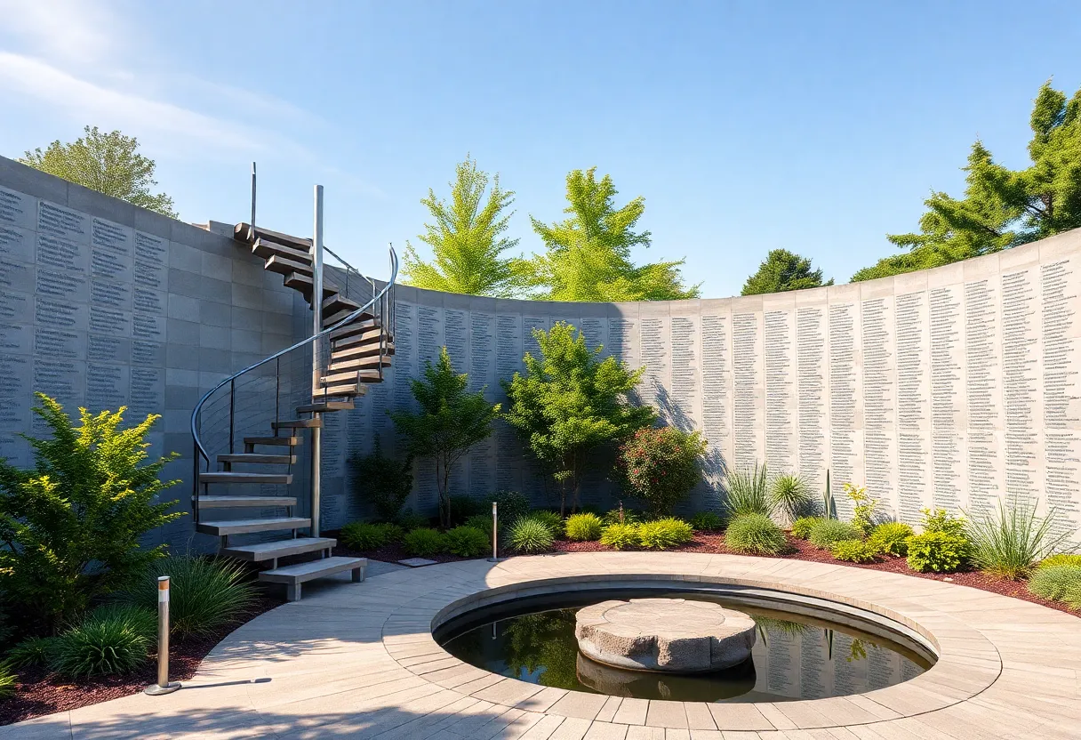 Memorial garden featuring a spiral staircase sculpture and name wall