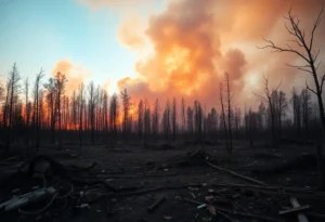 Aftermath of the Pacific Palisades wildfire showing destroyed landscape