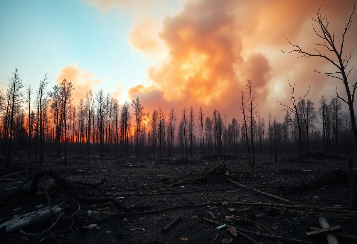 Aftermath of the Pacific Palisades wildfire showing destroyed landscape