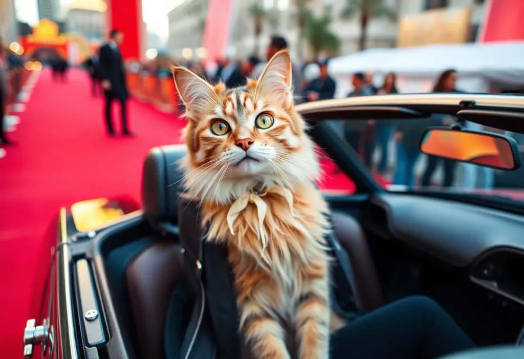 A stylish Siberian forest cat on the red carpet at a film premiere.