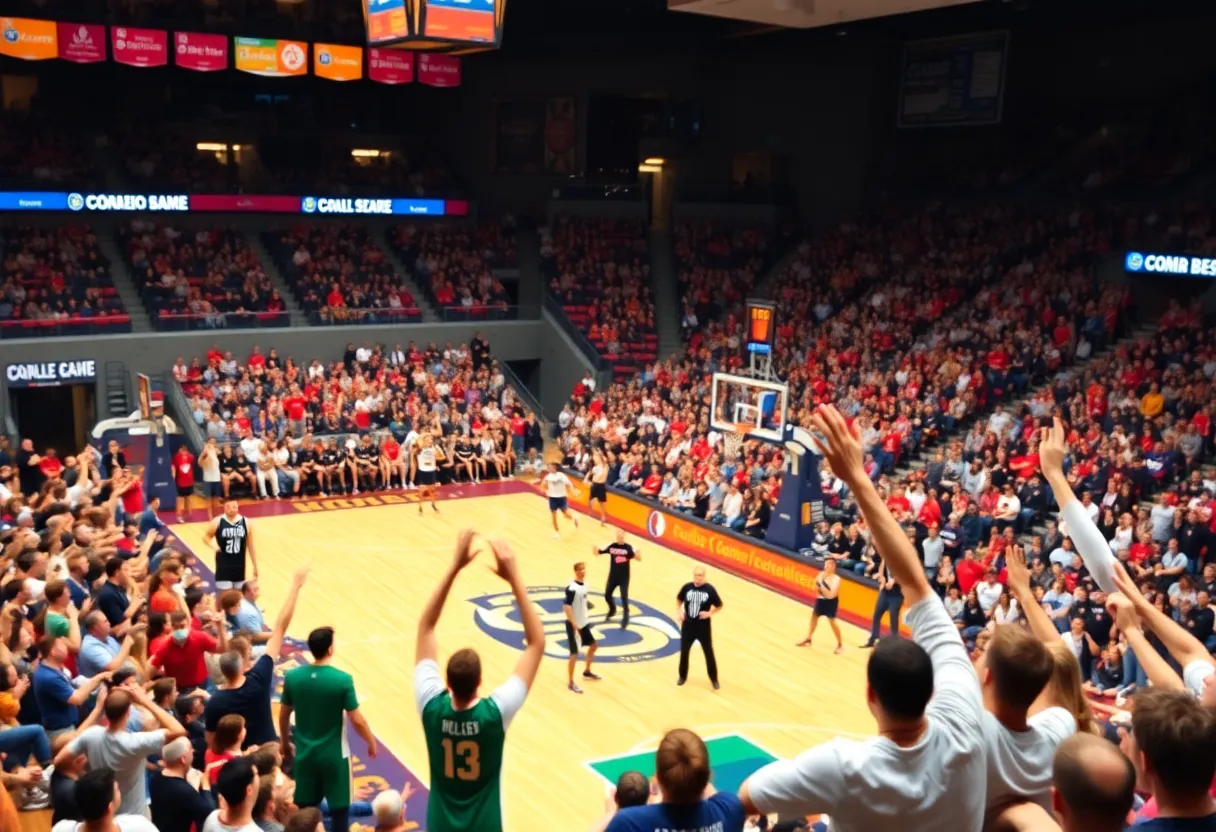 A college basketball game in action with UCLA players on the court.