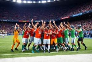 UCLA Bruins football team celebrating a victory on the field