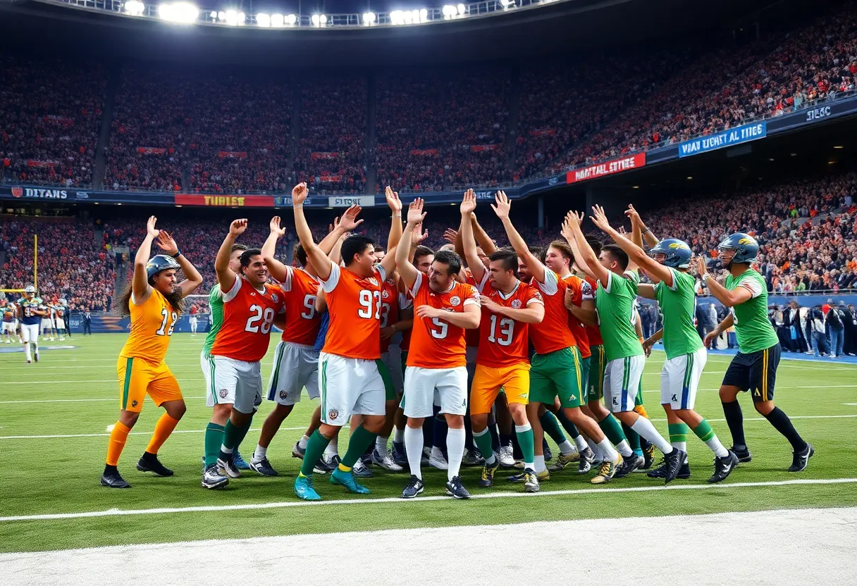 UCLA Bruins football team celebrating a victory on the field