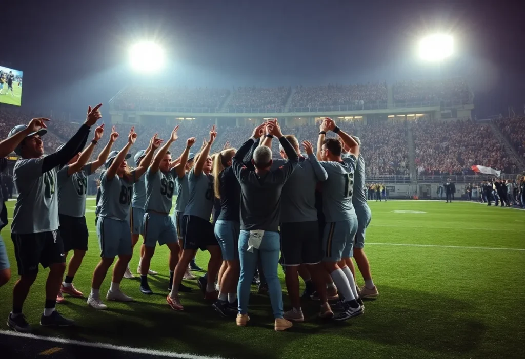 UCLA football team celebrating a last-minute victory on the field.