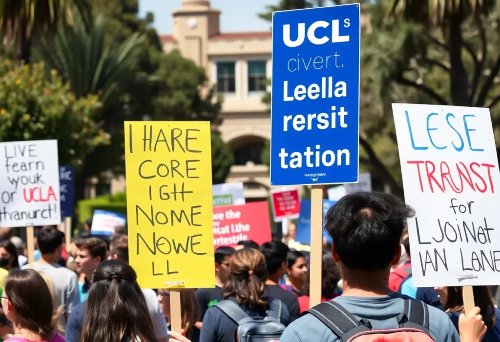 A diverse group of students and officials at a rally for a proposed transit station at UCLA, holding signs in support.