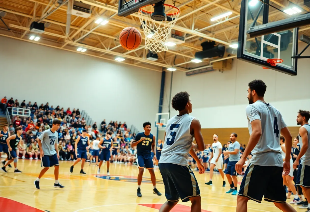 Players of UCLA women's basketball team collaborating on the court