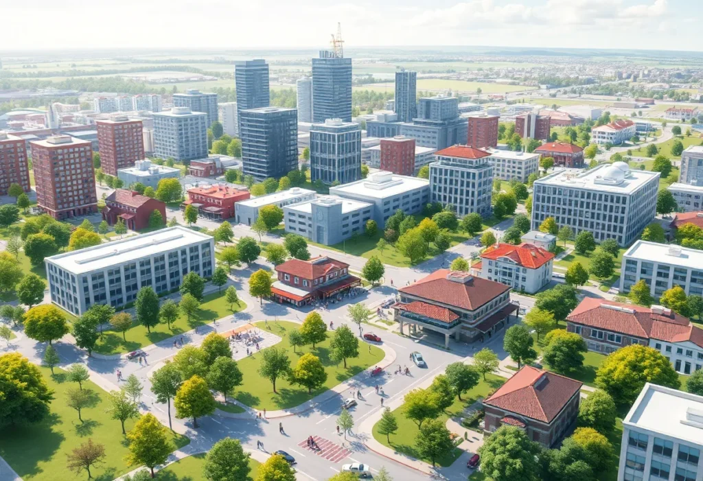 Conceptual image of a new urban city with parks and buildings