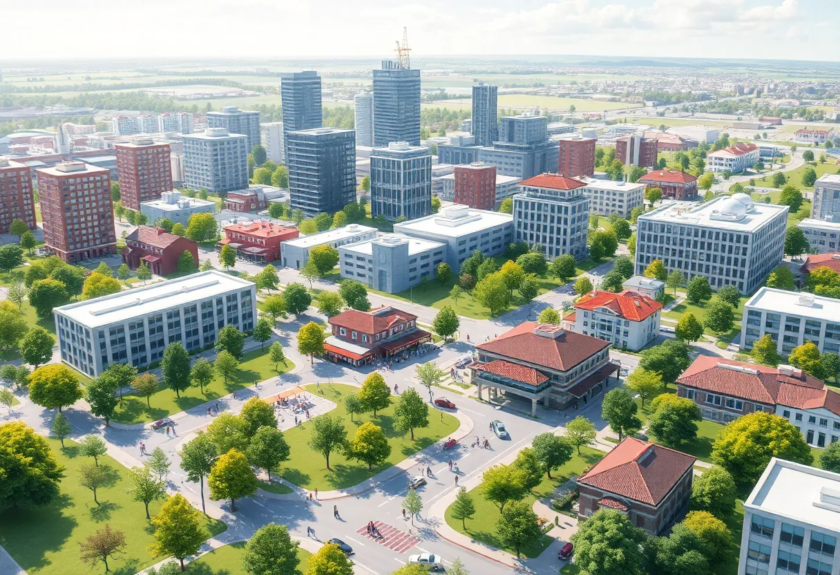 Conceptual image of a new urban city with parks and buildings