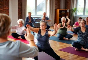 Elderly participants practicing yoga in a calming fitness studio environment